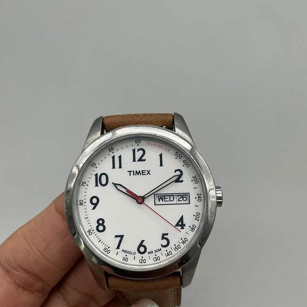Timex Indiglo Mens Watch 36mm White Dial Brown Leather Day Date New Battery